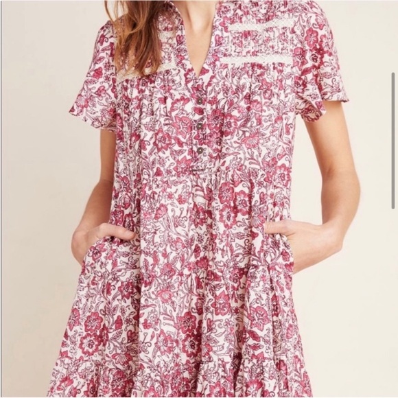 Anthropologie Georgina Mini Spring Boho Cotton Dress Pink Floral Trim - Picture 15 of 16